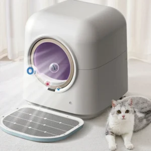 10001 Cat using self-cleaning automatic litter box with APP control in modern home