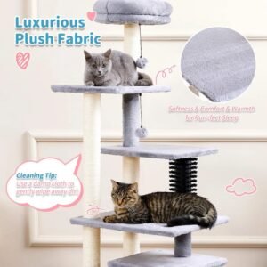 Cat playing and resting on multi-level cat tree tower with condo and platforms