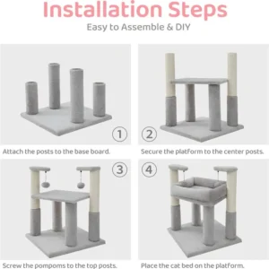 10002 Close-up of durable sisal scratching posts and plush platforms on grey cat tower
