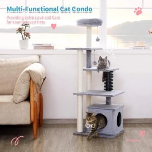 10002_0 Cat playing and resting on multi-level cat tree tower with condo and platforms