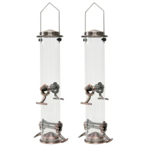 Close-up of stainless steel bird food and water bowl with hanging hooks