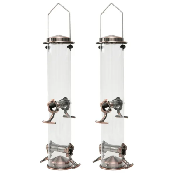 10003 Close-up of stainless steel bird food and water bowl with hanging hooks