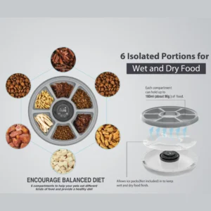 Close-up of digital timer and feeding tray on 6-meal automatic pet food dispenser