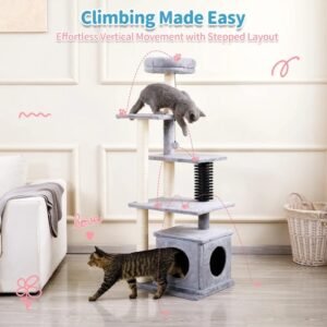 10004_0 Cat playing and resting on multi-level cat tree tower with condo and platforms