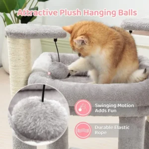 10005 Cat playing and resting on multi-level grey plush cat tree in modern living room