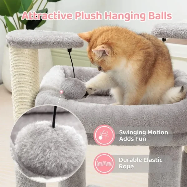 10005 Cat playing and resting on multi-level grey plush cat tree in modern living room