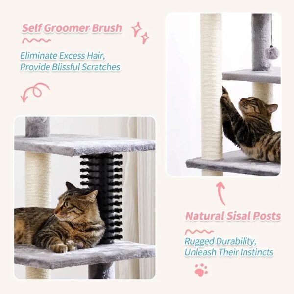 10005_0 Cat climbing and scratching on DIY multi-level cat tower with condo