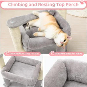 Cat playing and resting on multi-level grey plush cat tree in modern living room