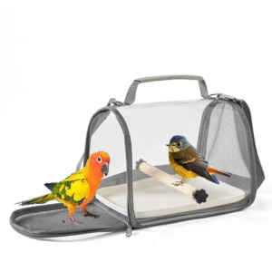 Portable bird carrier with perch and removable tray for easy cleaning