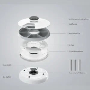 10007 Close-up of digital timer and feeding tray on 6-meal automatic pet food dispenser