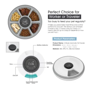 10008 Programmable 6-meal timed automatic pet feeder showing portion control and feeding schedule