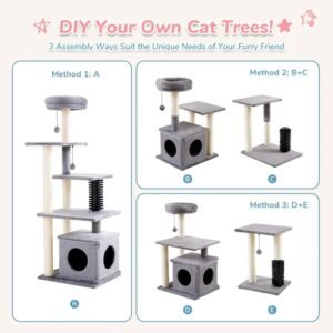 10008_0 Cat climbing and scratching on DIY multi-level cat tower with condo