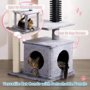 Close-up of cat scratching posts and plush fabric details on cat tree tower