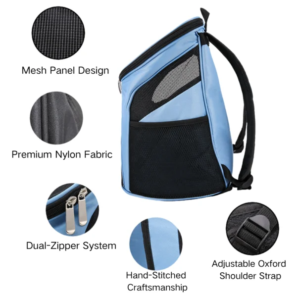 10001 Close-up of mesh ventilation panels and zippers on durable pet carrier backpack