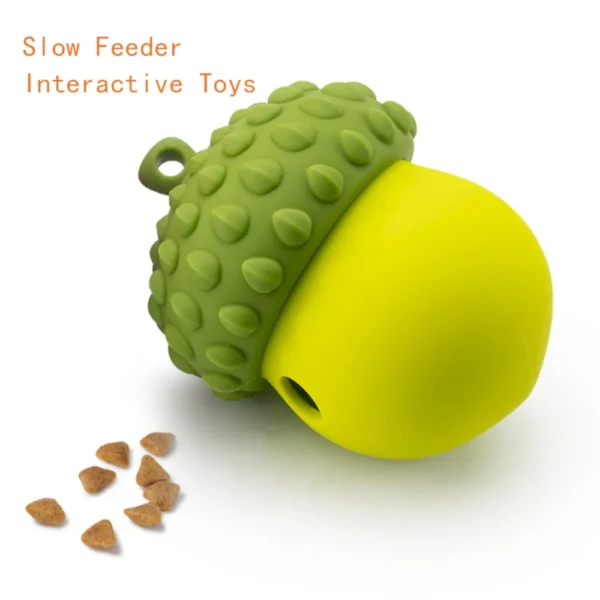 10001 Dog playing with berry-shaped silicone treat dispensing toy in living room