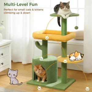 Kitten playing on cactus cat climbing tree in home setting – cozy and fun cat furniture