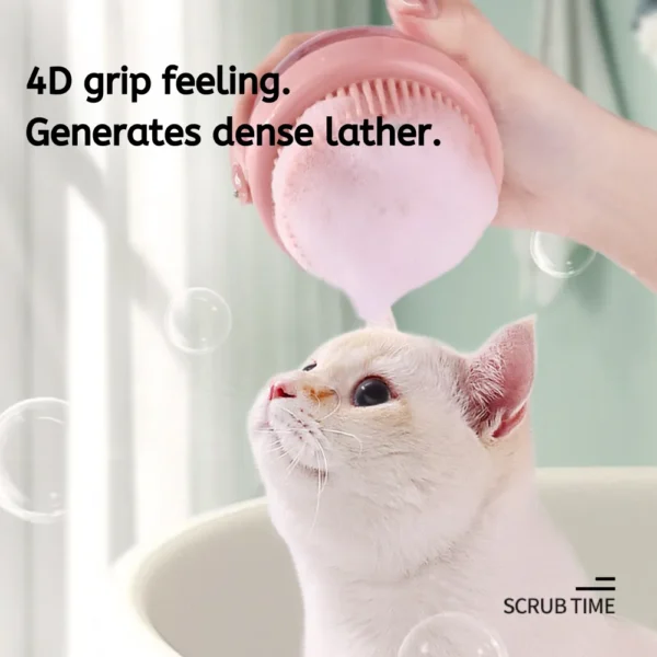 10001 Pet owner using silicone shampoo brush on dog during bath for gentle cleaning