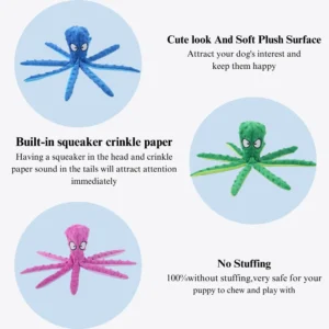 Close-up view of durable stitching and squeaker inside plush octopus pet toy