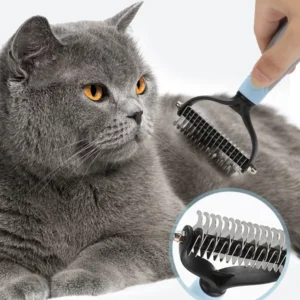 Pet grooming brush in use, removing loose hair and knots from cat and dog fur
