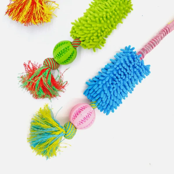 10001 Pet enjoying interactive tug toy with plush mop section in home play area