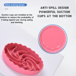 Close-up of arc-shaped interior and strong suction cups on silicone dog slow-eating bowl