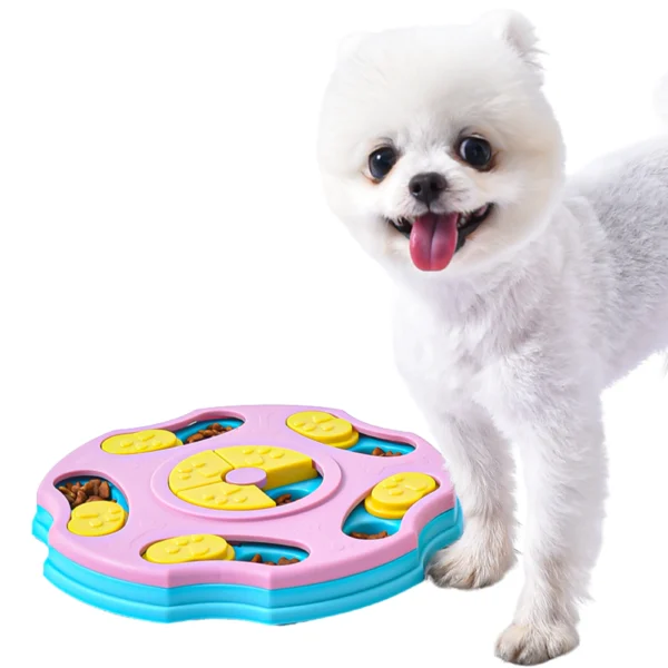 10001 Dog playing with adjustable treat dispenser enrichment feeder toy indoors