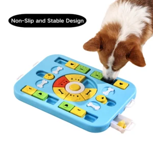 Dog playing with interactive puzzle feeder toy indoors