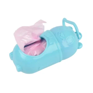 Close-up of cute bear-shaped dog poop bag dispenser with secure clip