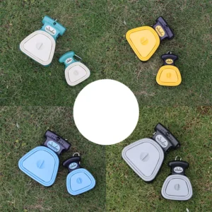 Pet owner using portable poop scooper for dog waste cleanup outdoors