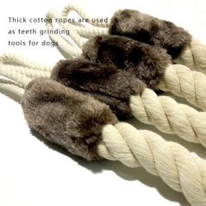 Close-up of thick cotton rope dog toy with soft brown fabric cover