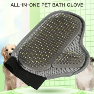 Pet groomer using bath glove grooming brush on a golden retriever during bath time