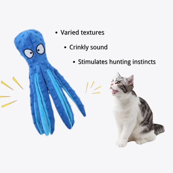 10002 Cat playing with colorful plush octopus toy, suitable for pet stores and grooming shops
