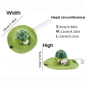 Size guide for hand-knitted turtle outfit available in S, M, L sizes