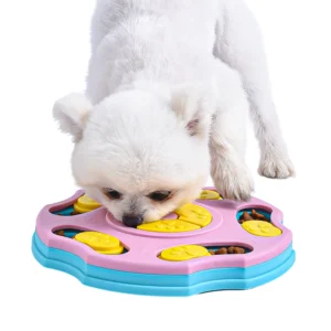 Interactive dog toy dispensing treats to promote slower eating and enrichment