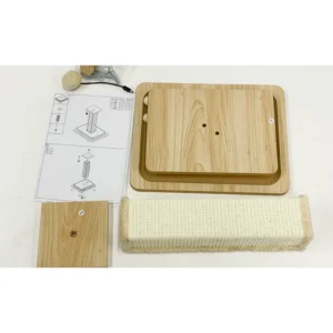 Breakdown of Play Cat Ball Tower components: sisal posts, plush platforms, play ball, and base