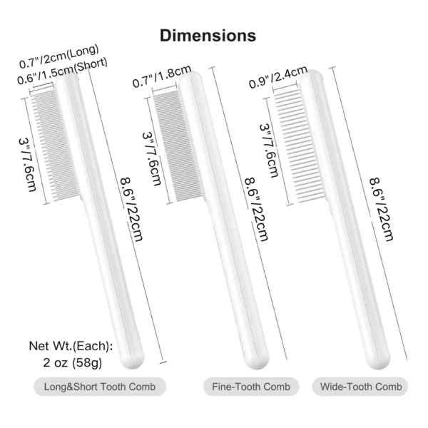 10002 Size chart of stainless steel pet deshedding comb – dimensions for long, short, fine, and wide tooth options