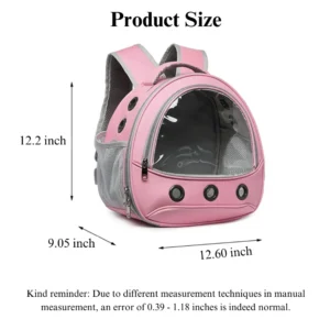 Dimension chart of transparent small pet backpack with height, width, depth labels