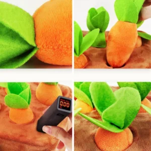 Close-up of carrot plush dog toy showing durable rope and soft plush fabric