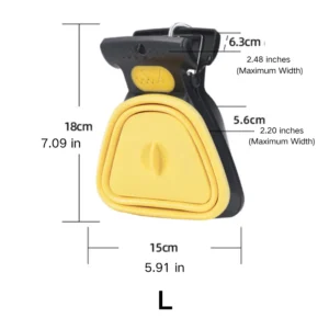 Size chart of portable pet poop scooper with length and width dimensions