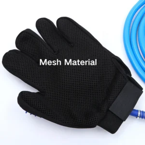 Close-up of soft silicone bristles and water outlet on grooming glove – safe for sensitive pet skin