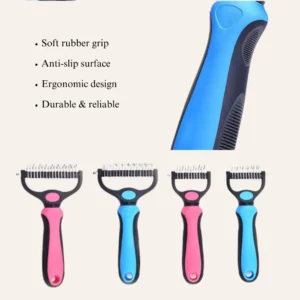 Close-up of stainless steel dematting comb teeth and ergonomic anti-slip handle for cats and large dogs
