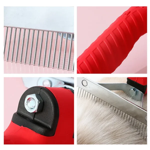 10003 Close-up of rounded stainless steel pins and ergonomic anti-slip rubber handle on large pet rake comb grooming brush