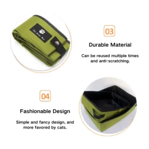 Portable cat litter box in use for travel and home, easy to clean and store