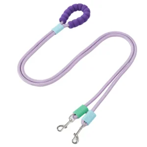 Purple nylon dual dog leash for two dogs with tangle-free swivel design
