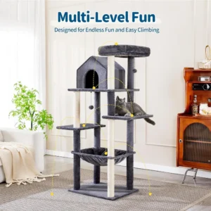 Cat scratching on sisal posts of multilayer cat tower
