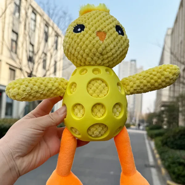 10003 Pet enjoying interactive chicken squeaky toy in garden