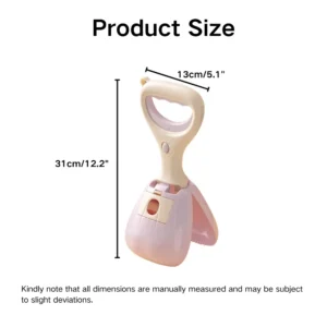 Size dimensions of portable dog poop scooper with bag holder for bulk pet supplies