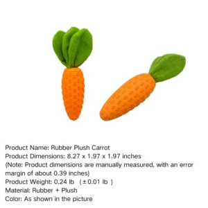 Size comparison of carrot-shaped rubber squeaky dog toy for wholesale buyers