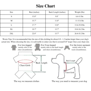 10004 Sizing chart for fleece-lined Christmas dog sweatshirt – wholesale pet clothing for medium and large breeds