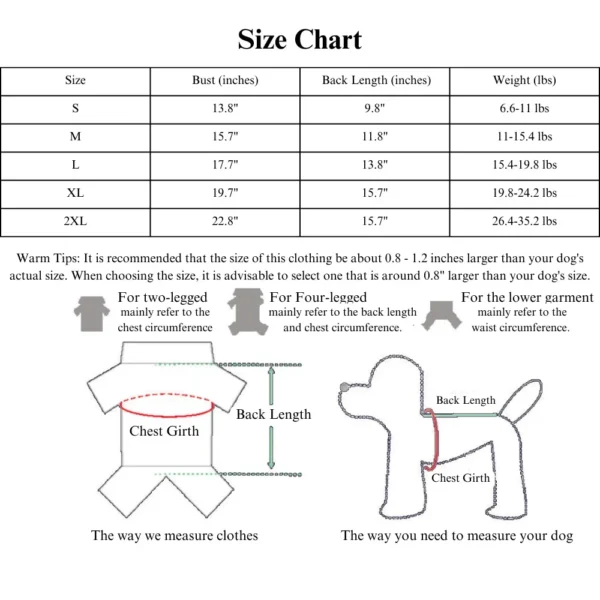 10004 Sizing chart for fleece-lined Christmas dog sweatshirt – wholesale pet clothing for medium and large breeds
